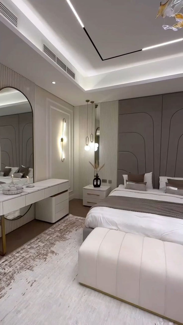 Lincoln Bed with headboard design and matching dressing set for a stylish bedroom.
